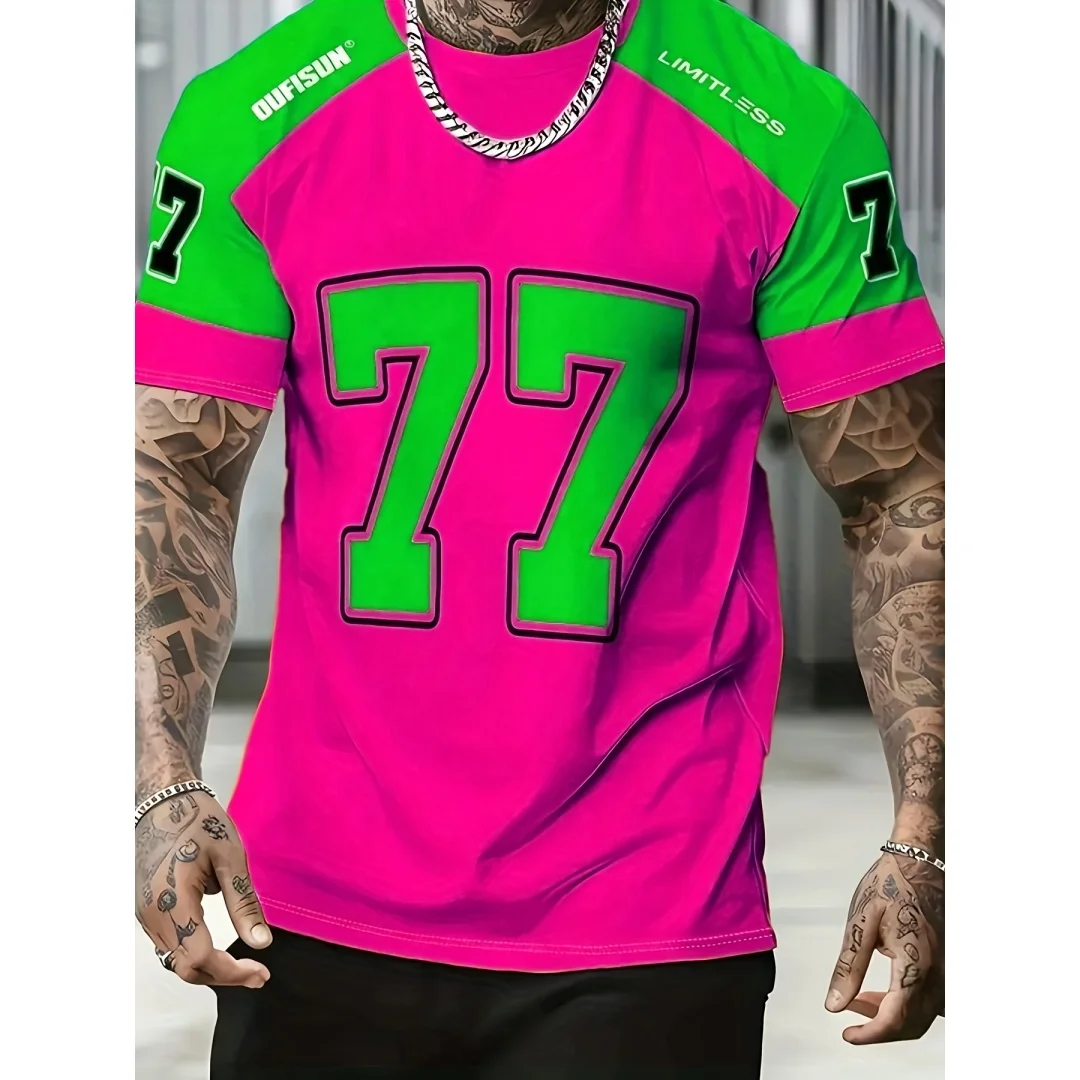 

Модная мужская футболка с принтом 77, флуоресцентная, с высокой контрастностью цветов, спортивный топ, американская уличная футболка с индивидуальным дизайном