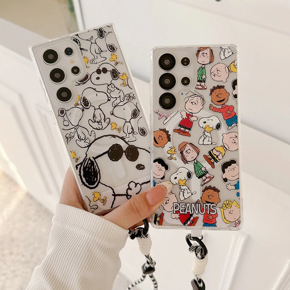 Cute Cartoon Snoopy Charlie Brown Magnetic Magsafe Wireless Charge Phone Case For Samsung Galaxy S26 25 24 23 Ultra Puls Cover