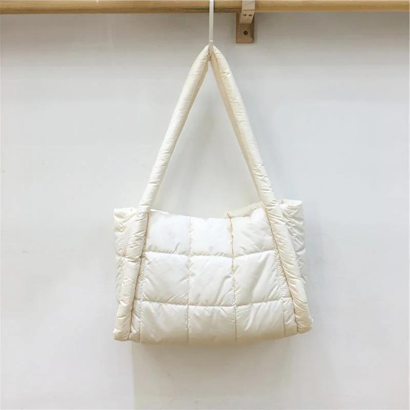 

Korean Quilted Shoulder Bags Plaid Padded Square Bag Large Capacity Solid Cotton Blend Tote Bags For Travel Commuting Handbags