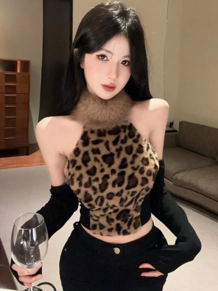 

Sexy Short Sleeveless Shortened Leopard Print Faux Fur Eco-friendly Neck Hanging Base Shirt for Women Citywalk Skin-friendly ...