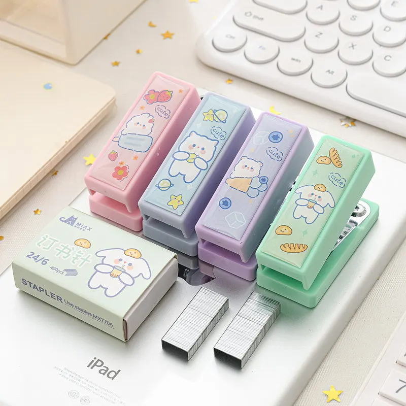 Imagem -02 - Kawaii dos Desenhos Animados Animais Mini Grampeador Portátil Conjunto com 400 Peças Grampos Papel Pasta Papelaria Escritório Ferramentas de Ligação