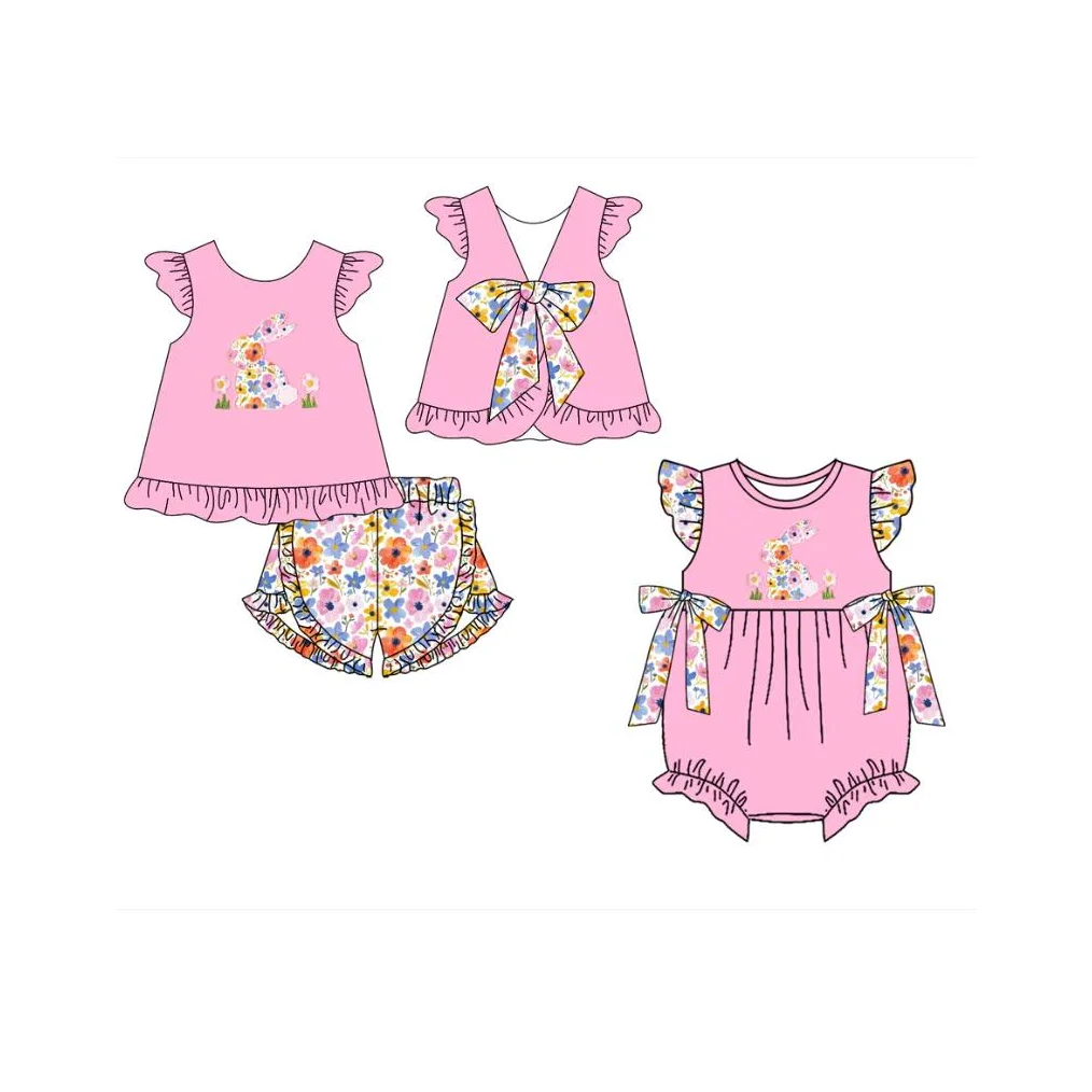 High Quality Children Easter Bunny Print Sibling Sister Short Sleeve Boutique Kids Clothing