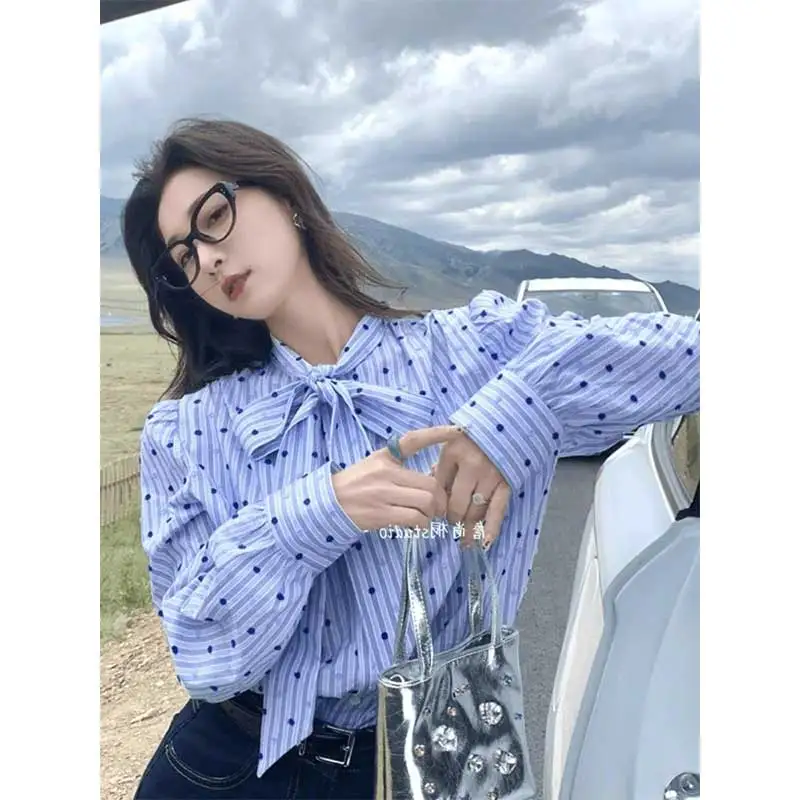 

Женская одежда, весенне-осенние модные простые женские рубашки в полоску с пуговицами и бантом, универсальные тонкие топы в горошек с длинными рукавами