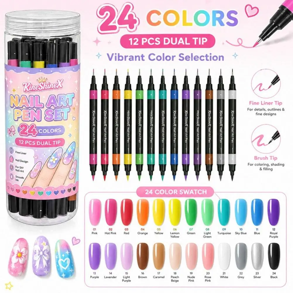 Lasting DIY Nail Paint Pen Set Fine Liner Brush Tip Smooth Ink Flow Vibrant Hot Pink 24 Colors 12 PCS Dual Tip Nail Art Pen Set