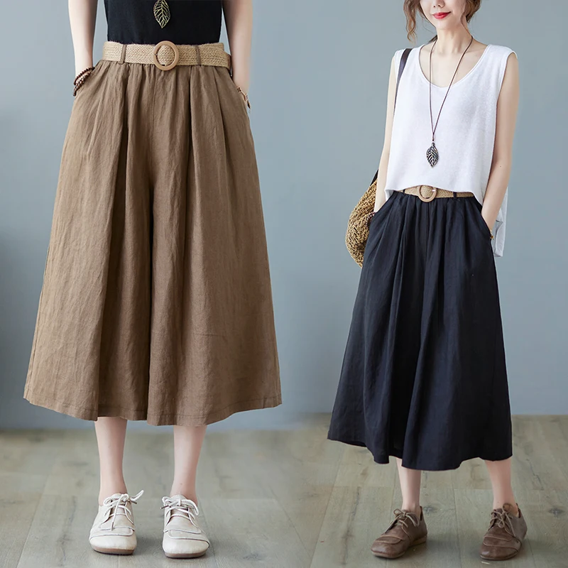 Pantaloni casual da donna vintage a gamba larga estivi stile giapponese tinta unita elastico in vita pantaloni semplici di base comodi al polpaccio