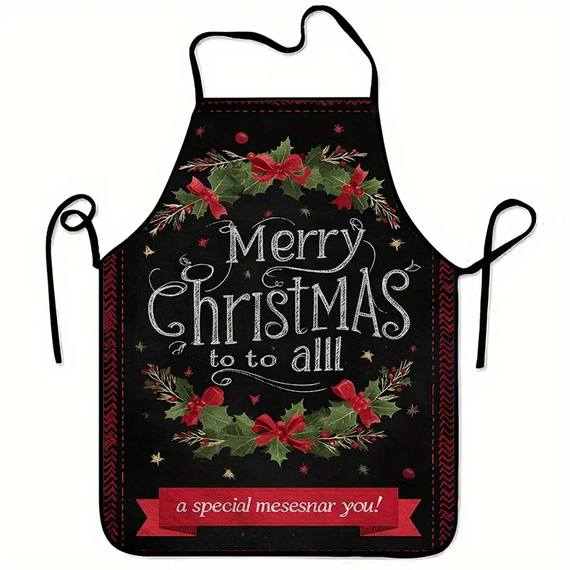 1pc Large Christmas Apron Heavy-Duty Kitchen Cooking Baking Apron with Elegant Black Red Poinsettia Holly Berry Print