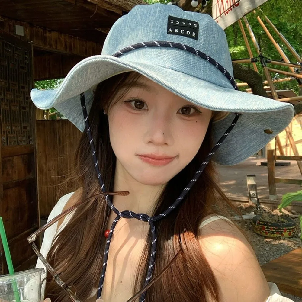 

Sunscreen Western Cowboy Hat Wide-Brimmed Japanese Style Denim Bucket Hat Lightweight Blue Sun Protection Basin Cap Camping