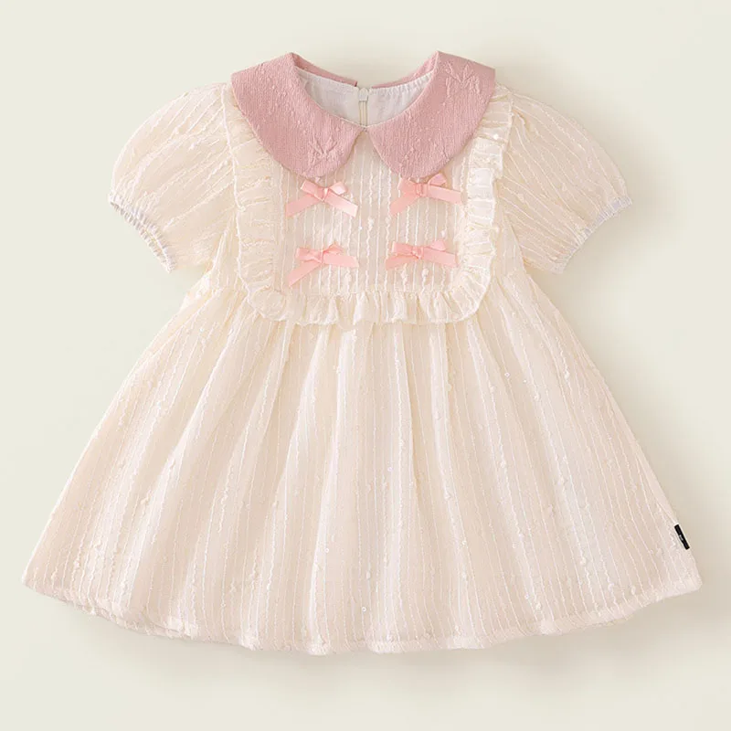 

2025 New Summer Toddler Girl Dresses Korean Fashion Cute Bow Doll Collar Short Sleeve Mesh Baby Princess Dress Kids Clothes B054