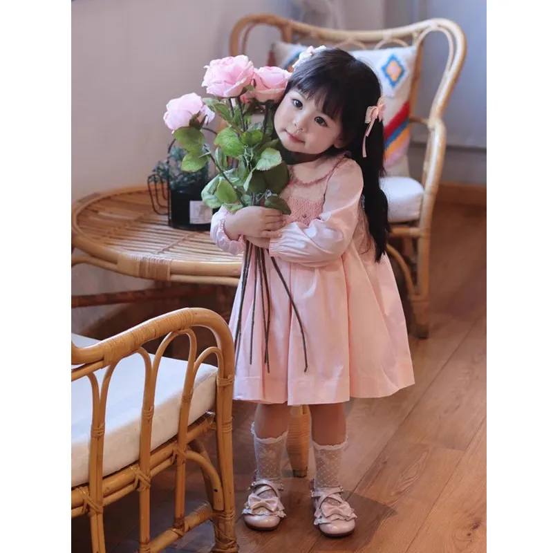 Baby Girls Smocked Dresses Autumn 2023 Kids Pink Cotton Dress with Collar Children Smocking Princess Clothing Toddler Clothes