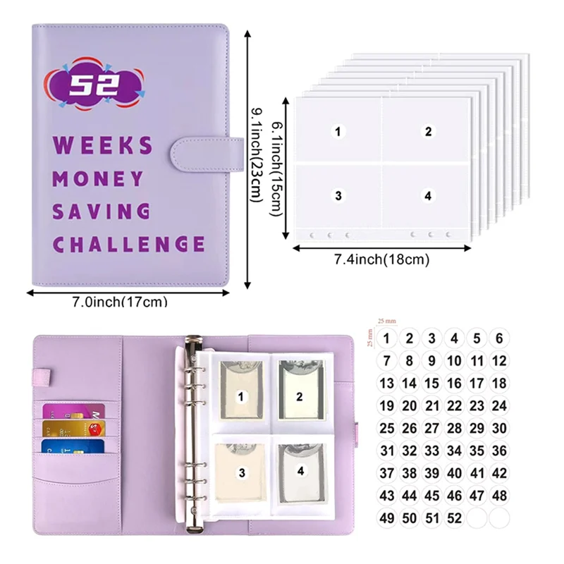 AEE7-52 สัปดาห์ Money Challenge Binder พร้อมซองจดหมาย Storage Budgeting Binder Cash Saving Challenge Box Kit