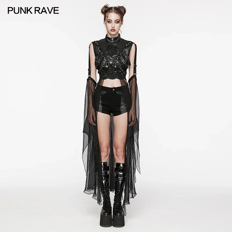 PUNK RAVE Women's Punk Visual Cloak Rubberised and Chiffon Multi-wear Structural Design Personalized Tops Capes Women Clothing