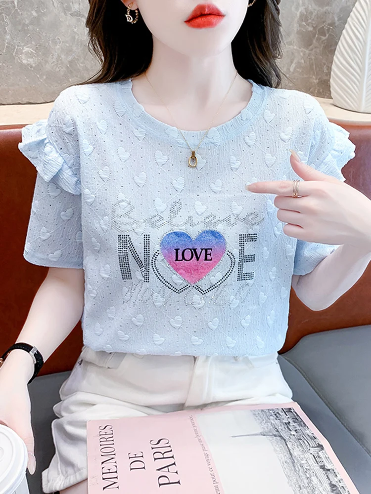 

Sweet Heart Lace Trim ort Sve T-irt Women's Summer New Sle Chiffon Top Slimming Bubble Sve round Ne Regular Fit