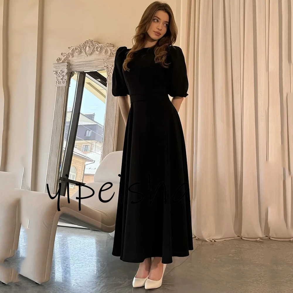 Customized Fashion Elegant Black A-Line Prom Dress Simple O-Neck Half Sleeve Saudi Party  Ankle Length Formal Evening Dresses