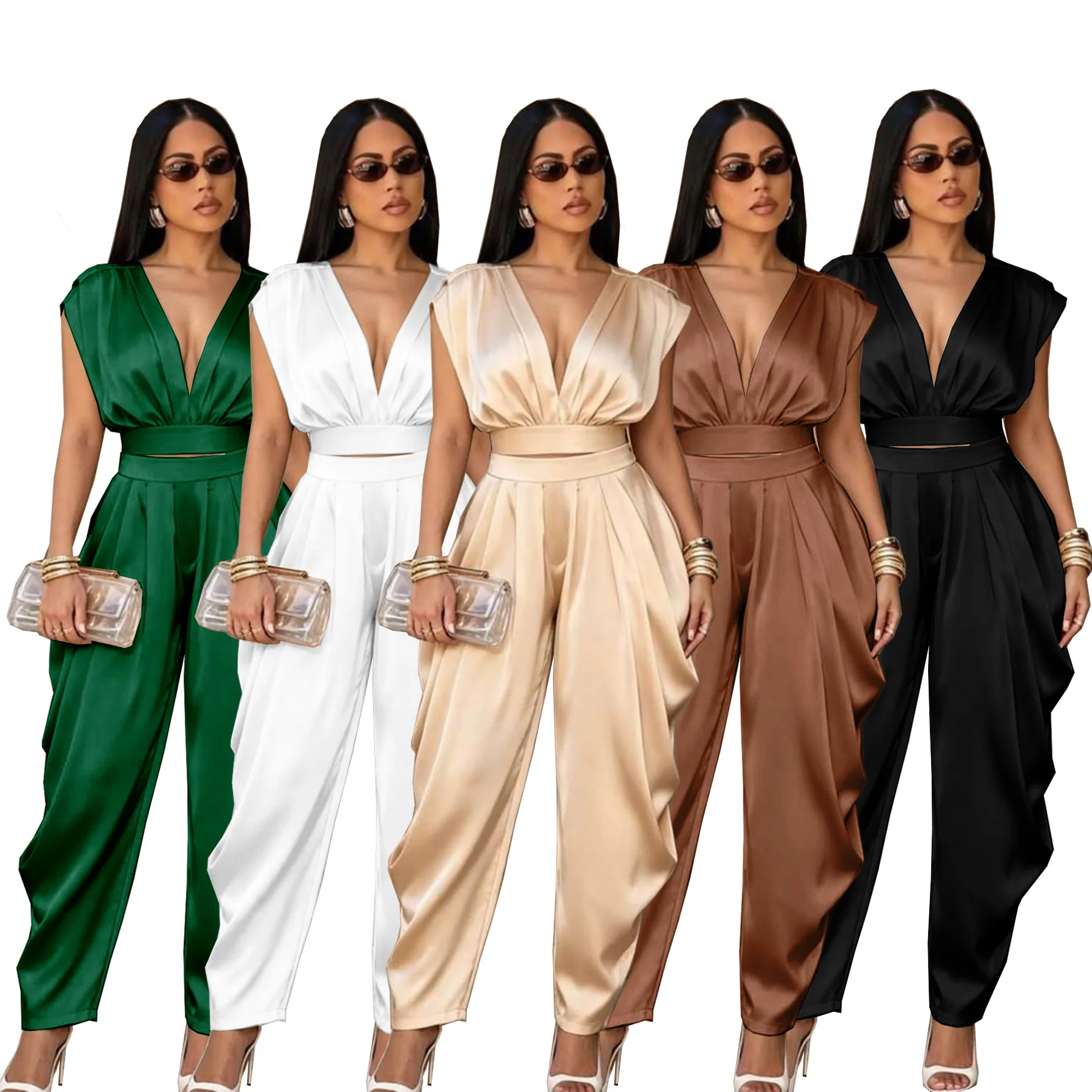 Deep V-Neck Tie Belt Solid Set Women's Elegant Commuter 2-Piece