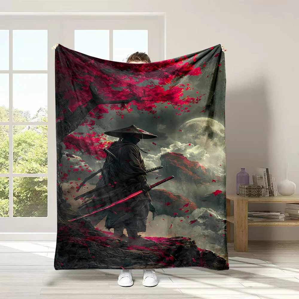 Japanese-style Samurai Print Blanket with a Warrior Wearing a Bamboo Hat and Wielding a Katana Under the Moon.   Office Nap Blan