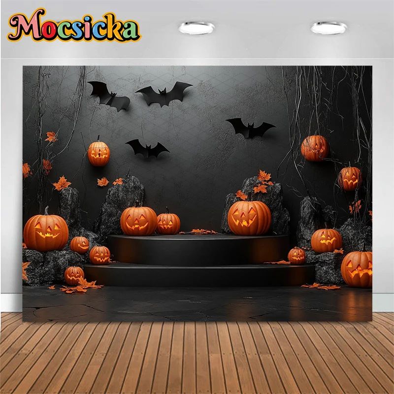 Mocsicka Halloween Backdrop For Photography Bat Black Wall Pumpkin Baby Shower Shooting Props Background Decoration Photo Studio