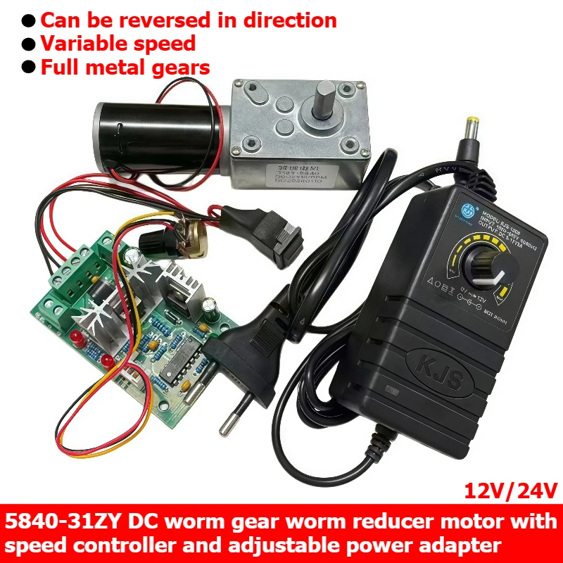 5840-31ZY Worm Gear Worm Reducer Motor - High Torque Self-Locking DC Motor with Speed Controller and Adjustable Power Adapter