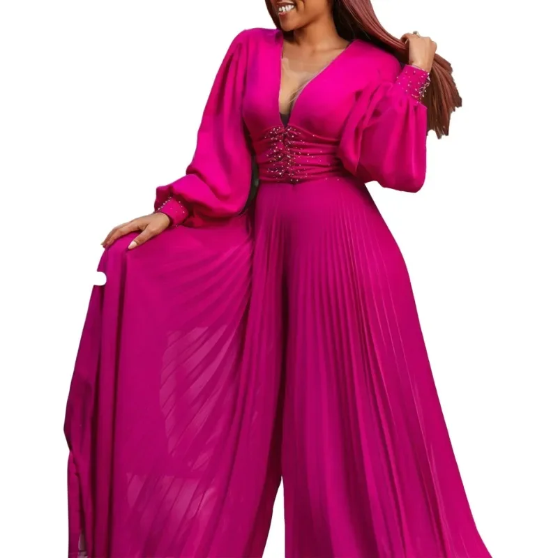 Elegant Beaded African Clothing for Women Plus Size Wide Leg Jumpsuit Ankara Dashiki Pleated Long Sleeve V-Neck Romper Overalls