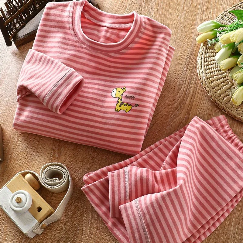 

Kids Thermal Fleece Pajama Sets with Striped Design Thickened Warmth Retaining Underwear for Autumn Winter Children's Home Wear