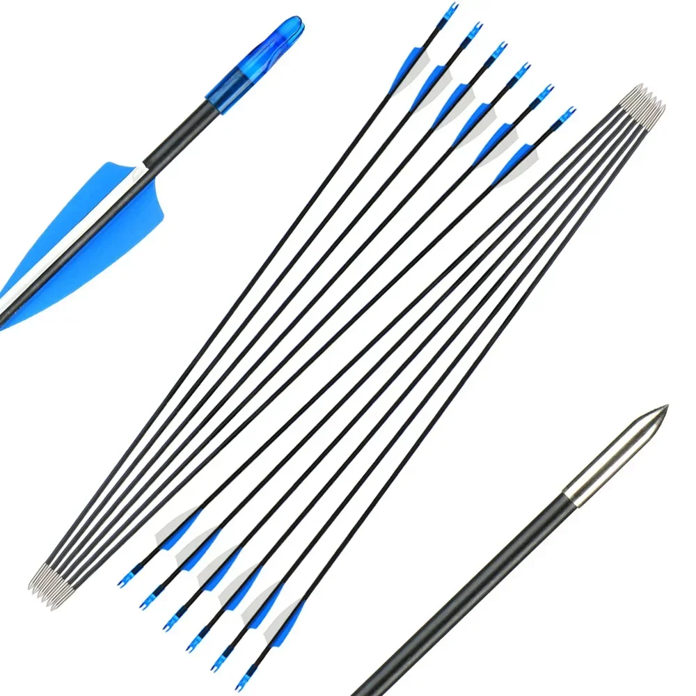 

12 шт. стрела из стекловолокна 6 мм с пластиковым наконечником из перьев, стальная наконечник стрелы для стрельбы из лука с изогнутым блочным луком 30-80 фунтов