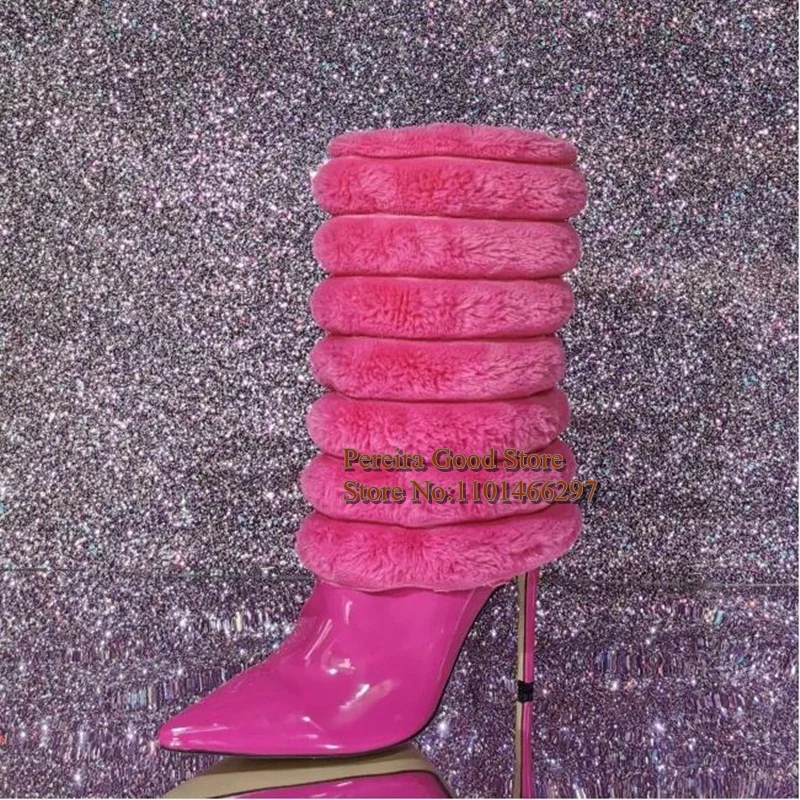 Pink Patent Leather Patchwork Pointed Toe Women Modern Boots Artificial Wool Stiletto High Heels Long Boots Factory Real Photo