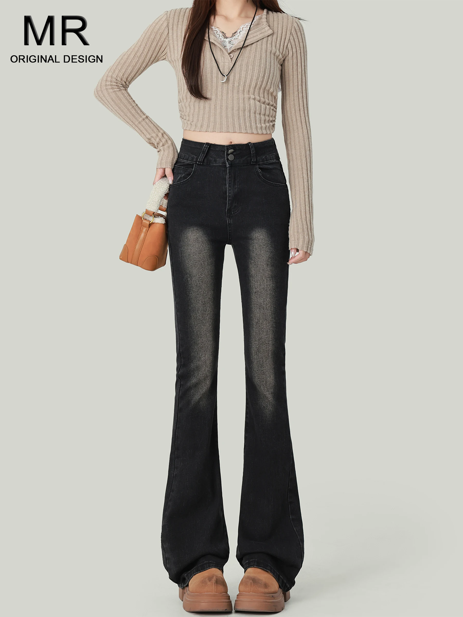 

Женские джинсы с высокой талией, эластичные, осенняя новинка, облегающие, расклешенные, повседневный дизайн, хлопок, полиэстер, спандекс