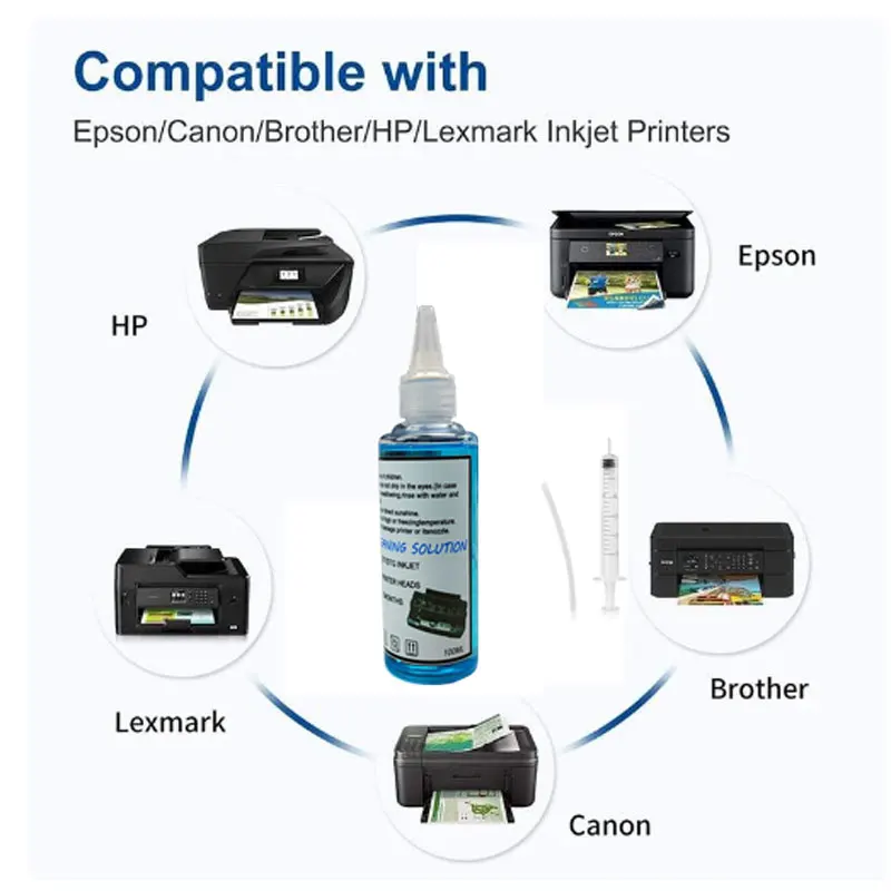100ML Printer Cleaning solution for Epson Canon Brother HP Lexmark All Inkjet Printer cleaner With Syringe kits