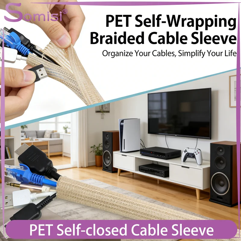 

50m PET Self-Closing Cable Sleeve 3-32mm Heat-Resistant Split Protect Sheath Wrap for Automotive Industrial Wire Protection