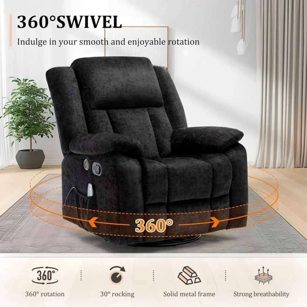 Sofás reclinables basculantes, 360 ° Sillón reclinable giratorio con puertos USB, sillón reclinable eléctrico con masaje y calefacción, sofás mecedores