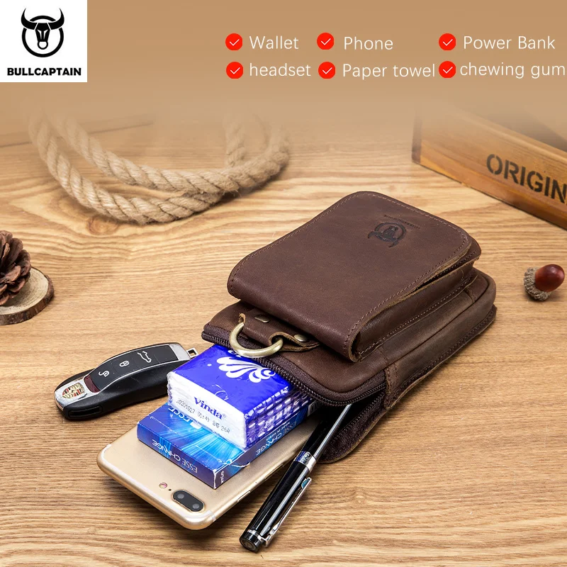 BULLCAPTAIN Fashion Quality Leather Small Summer Pouch Hook Design Waist Pack Bag Cigarette Case 6