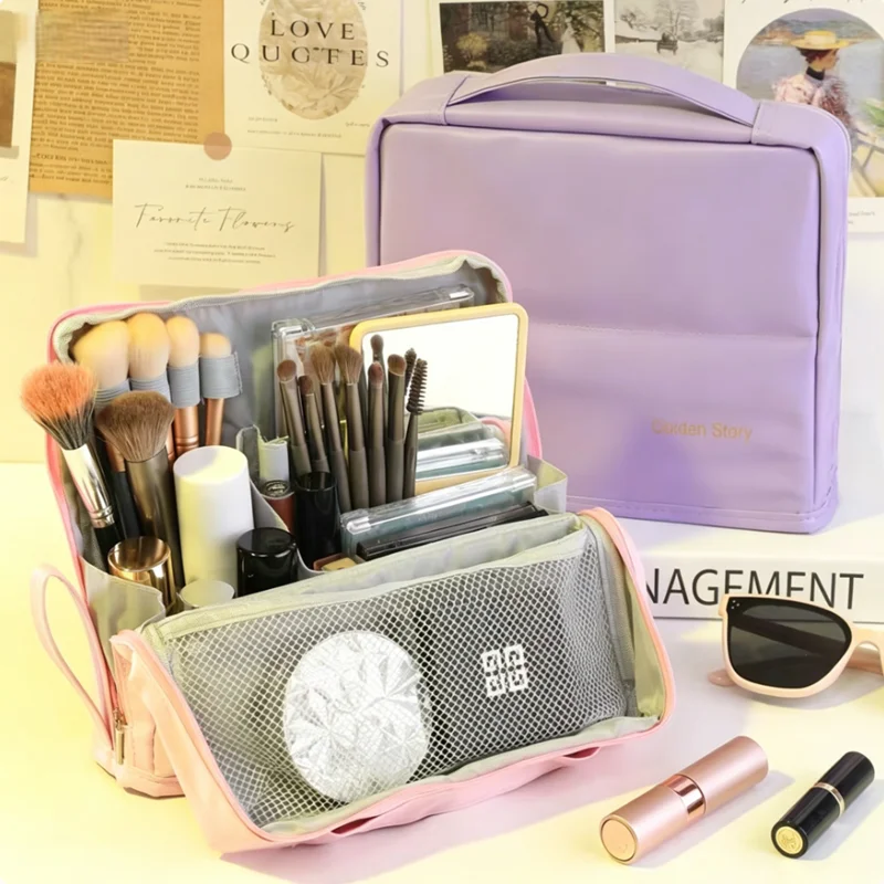 Minimalist Pastel Makeup Bag, Standing  Cosmetic Organizer with Sleek Neutral Tones