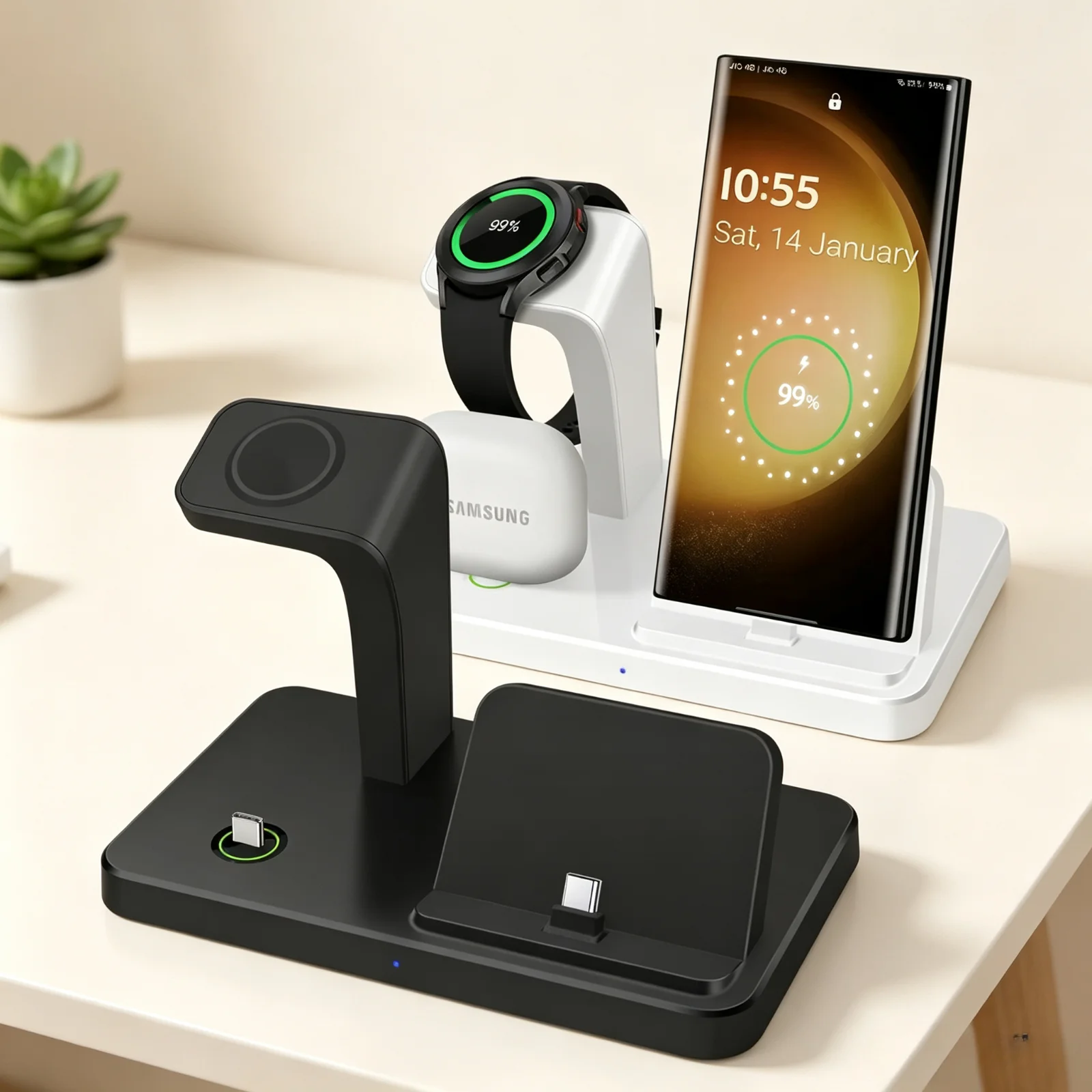 Desktop-Reise-3-in-1-Wireless-Ladegerät mit Typ-C-Anschlüssen für Samsung S26 S25 S24 Galaxy Watch Buds Pro4/3 Schnellladestation