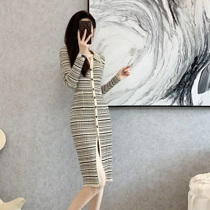 Autumn Winter French Elegant Stretch Slim Knitted Pleated Dress Long Sleeve Single Breasted Thick Warm Sweater Midi Shirts CQ218