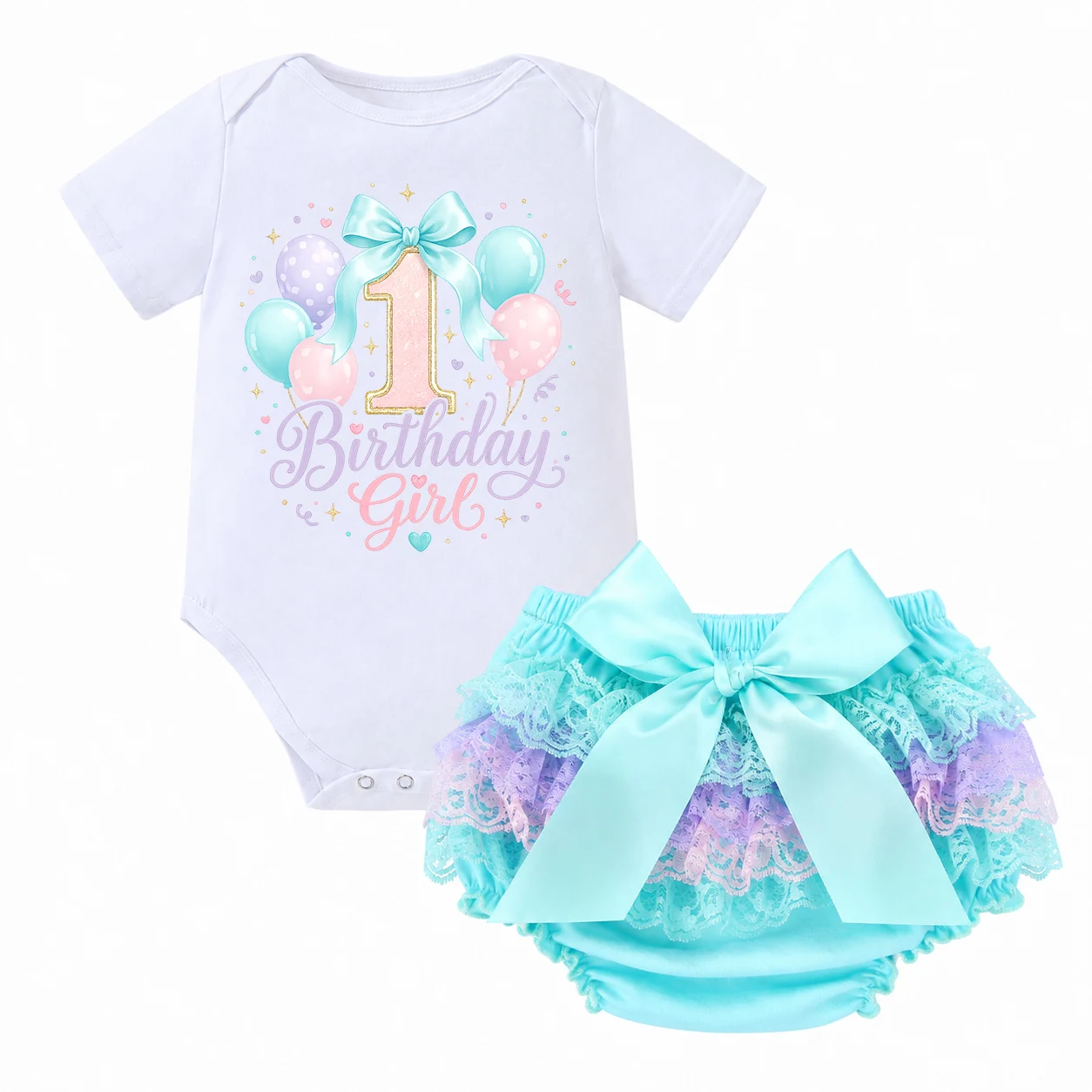 1st Birthday Girl Outfit | Pastel Balloon Print Romper & Lace Tutu Bloomer Set, Princess Cake Smash Outfit, Baby First Birthday