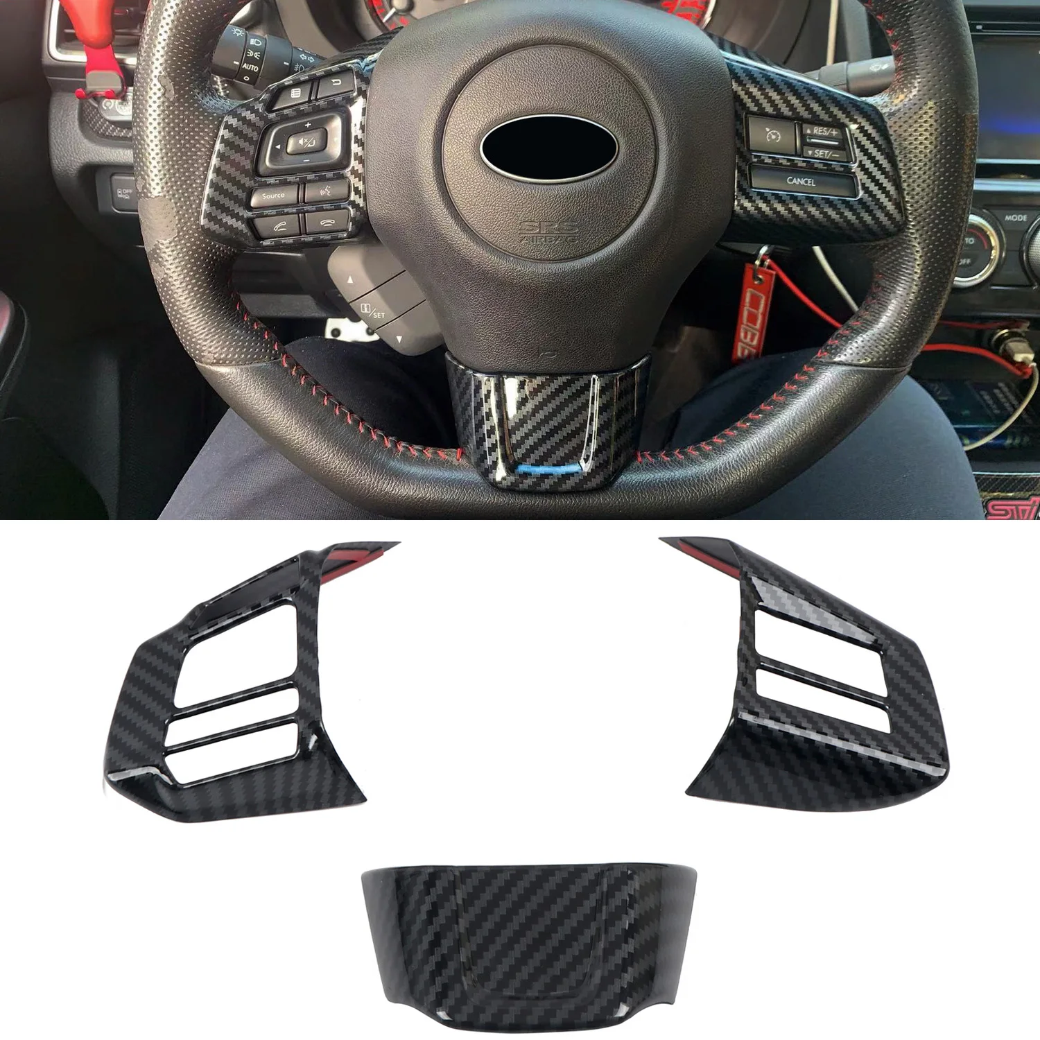 

For Subaru WRX STI 2016 2017 2018 Car Accessories Steering Wheel Cover Trim ABS Carbon Fiber Black 3pcs (NOT Fit Turbo CVT)