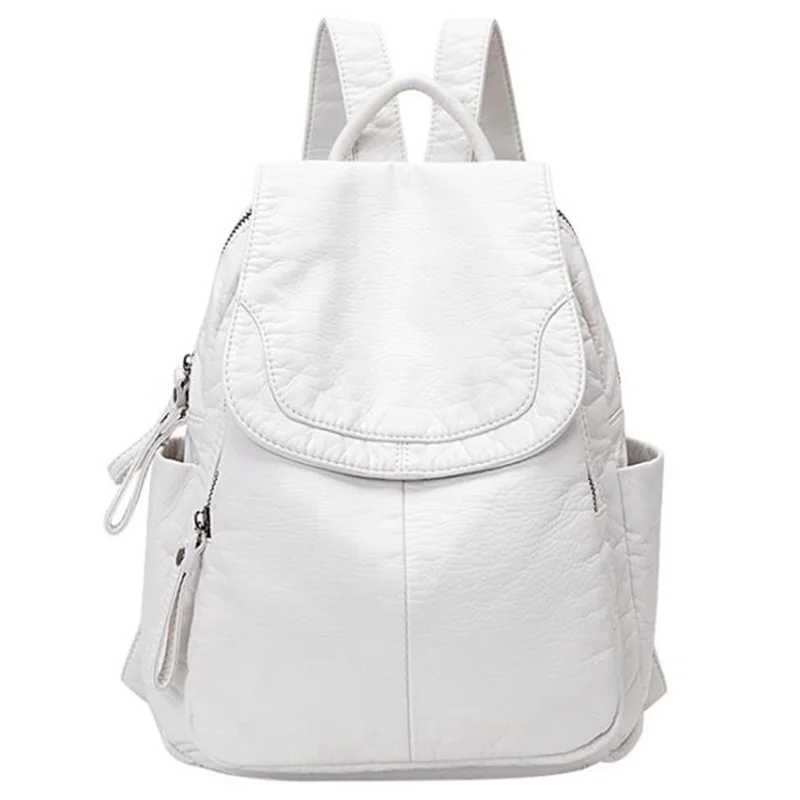 【SEE】2X Borsa da scuola casual in morbida pelle da donna Zaino in pelle lavata Borsa da viaggio piccola per ragazza-Bianco
