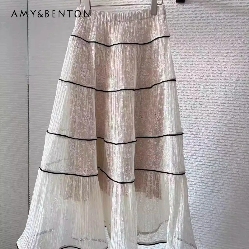 

French Design Lace Hollow Out Splicing Women's A-Line Skirt 2026 Spring Summer Elegant Fairy Sweet Versatile Long Skirts Ladies