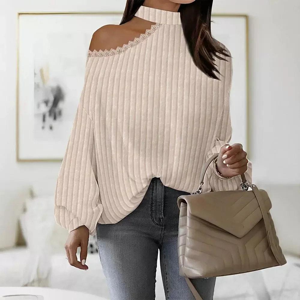 

Sleeve Loose Shirts for Women Spring Cold Shoulder Hanging Neck Cold Shoulder Lantern Casual Solid Striped Lace Pullover Top