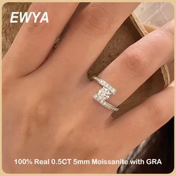 EWYA New In GRA Certified D Color 0.5CT 5mm Moissanite Diamond Rings For Women Party Fine Jewelry S925 Sterling Silver Ring Band