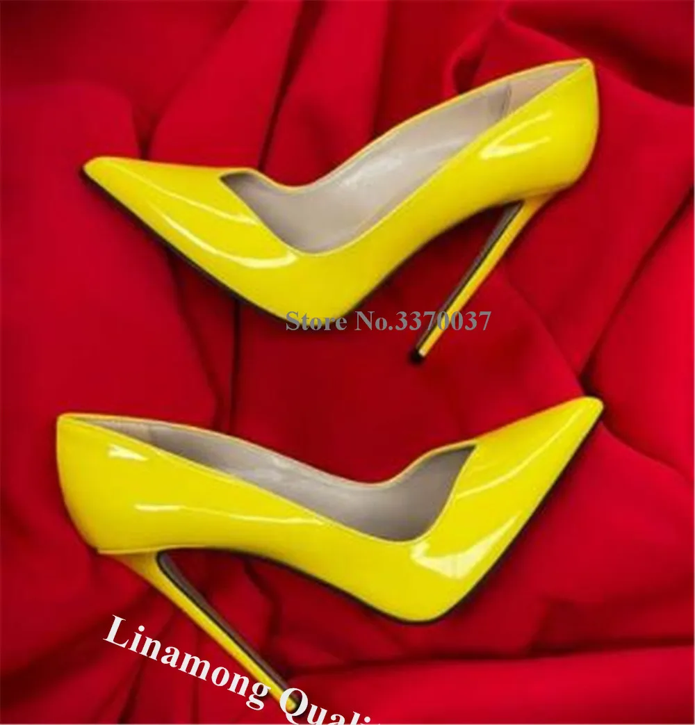 Yellow Patent Leather Pumps Linamong Newest Pointed Toe V-cut Stiletto Heel Slip-on Dress Shoes Ladies Party Heels