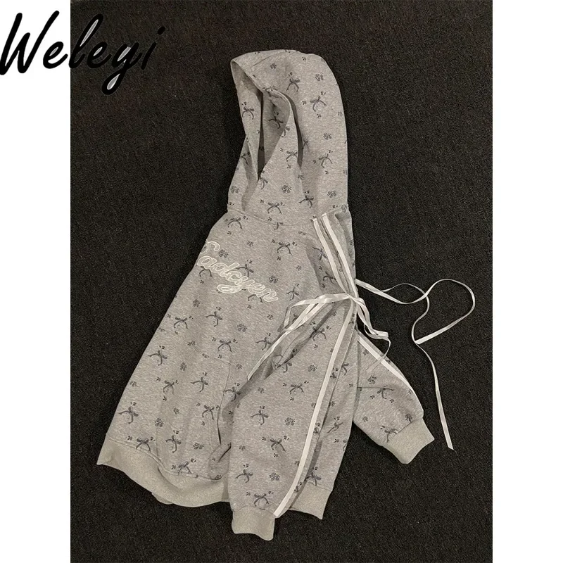 Cute Full Print Floral Bow Lace-up Hooded Sweatshirts Student Female Autumn Women's Loose Long Sleeve Hoodies Coat Y2k Clothes