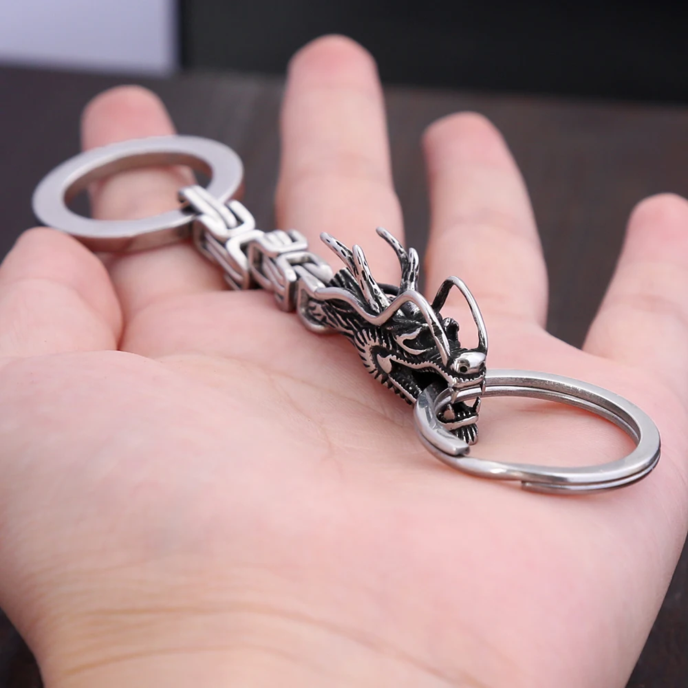 Punk Retro Nordic Viking Dragon Head Keychain Stainless Steel Men\'s Unique Emperor Chain Keychain Fashion Accessories Wholesale