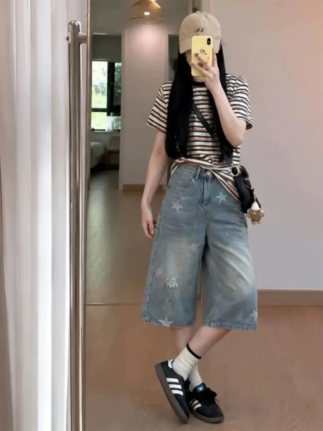 

Summer New High Waist Wide Leg Jeans Women's Star Print Seven-Five Denim Pants Slimming Loose Fit Commute Style Casual Jeans