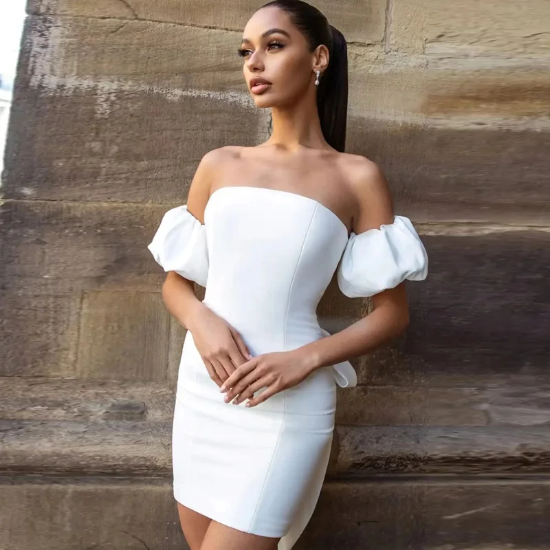 

Off Shoulder Short Sleeve White Satin Dress Mini Length Bodycon Dress With Big Bow Cutsom Made Ever Pretty Party Dresses