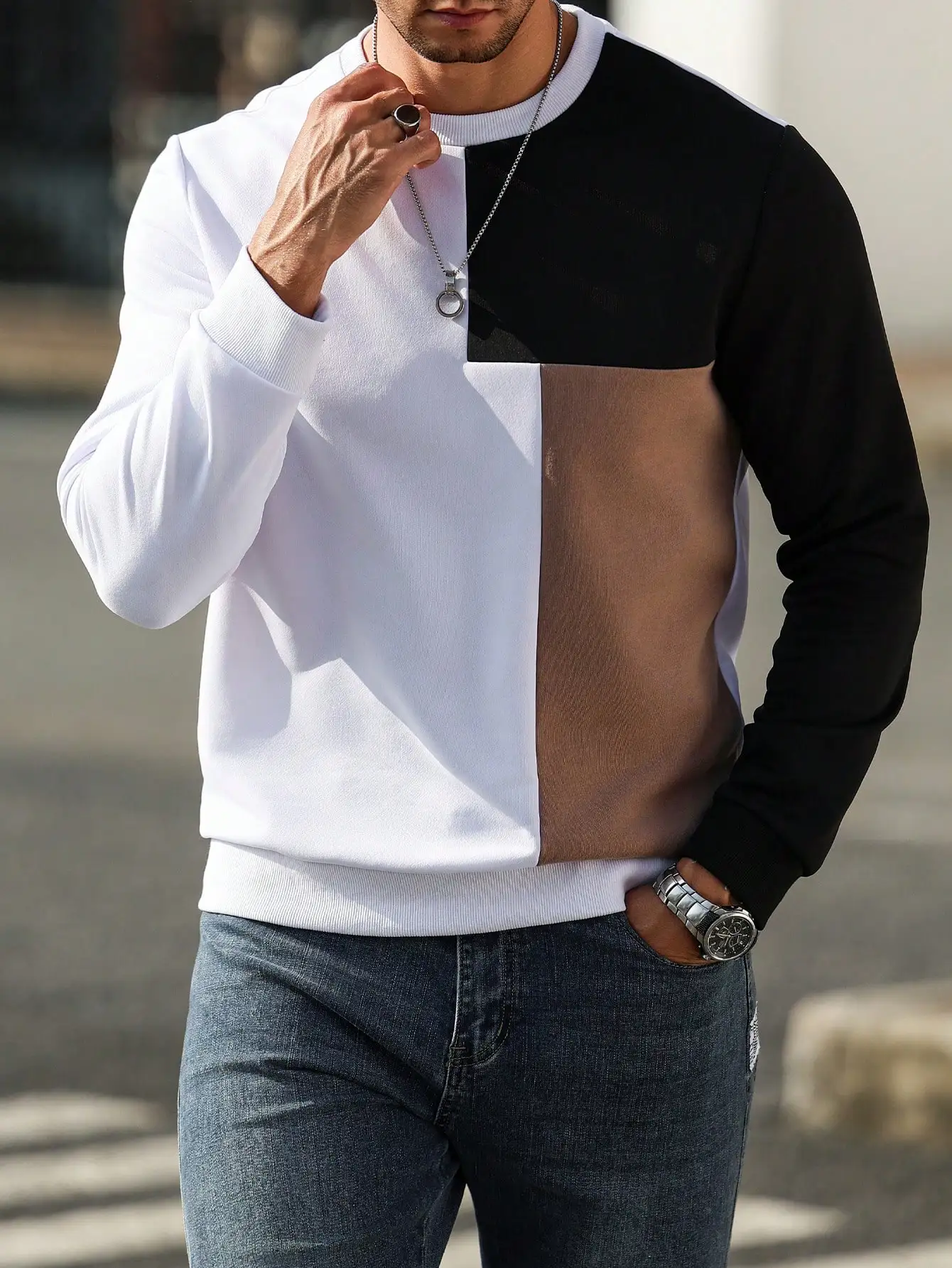 

Мужская повседневная толстовка с длинным рукавом и круглым вырезом, в стиле колор-блок, для осеннего повседневного ношения