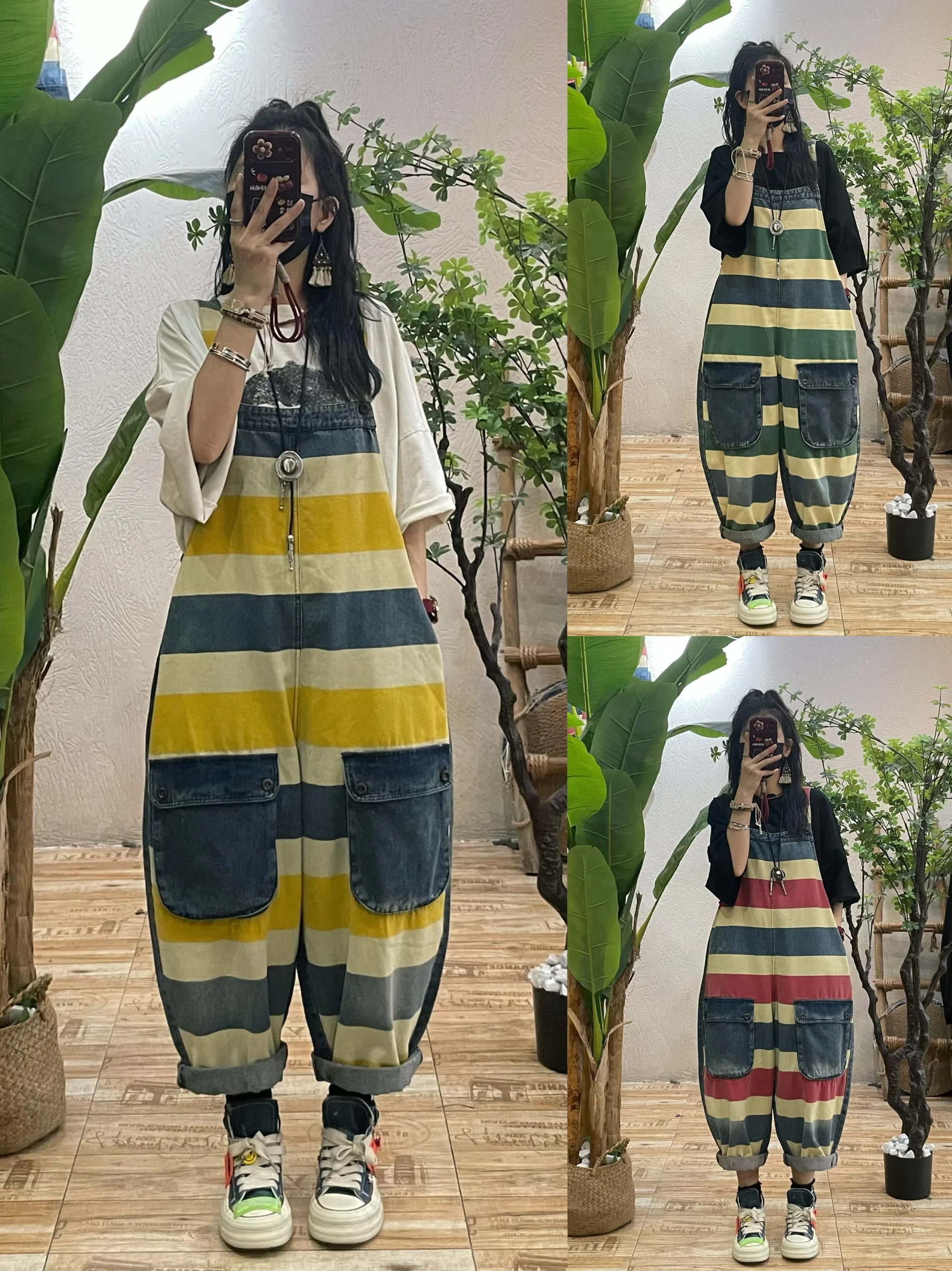

Retro Patchwork Stripe Denim Overalls Women's Loose Slimming Pure Cotton Casual One-Piece Pants Trendy Spring New Arrival