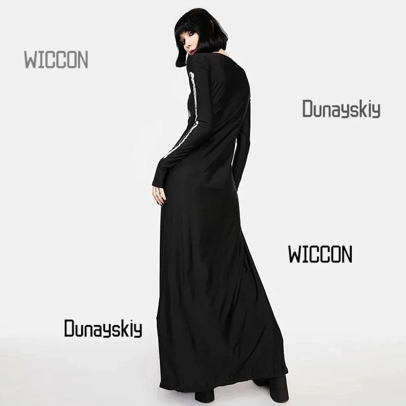 Gothic Y2K Maxi Dress - Halloween/Christmas/Easter/Oktoberfest Versatile Skull Print Dress