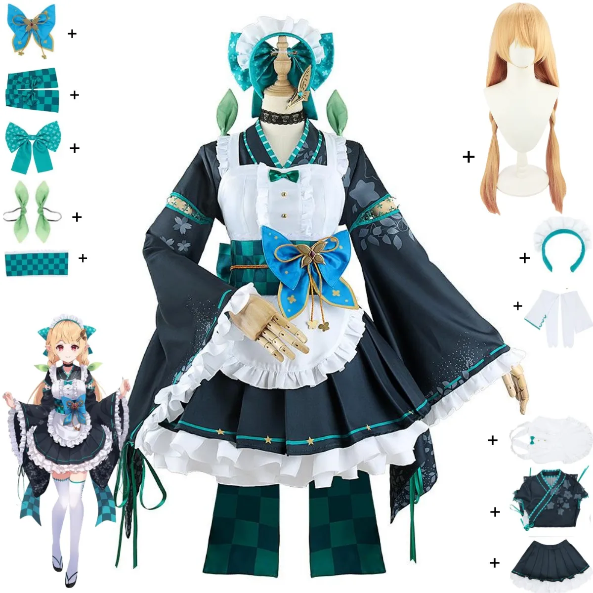 Virtual Youtuber Nijisanji Pomu Rainpuff Cosplay Costume NIJISANJI EN Lazulight Japanese Green Kimono Wig Woman Lovely Suit