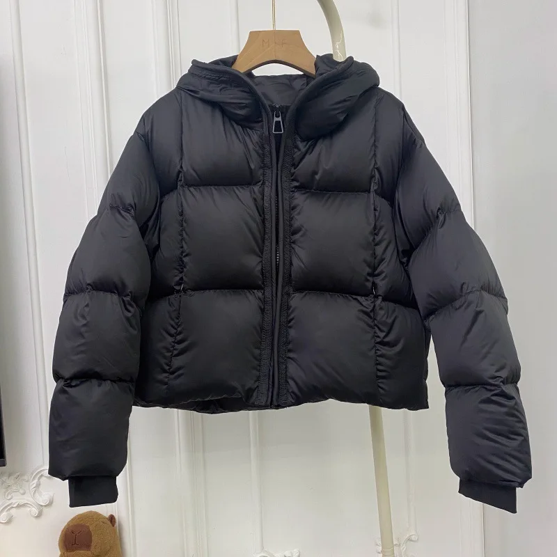 اتجاهات العلامة التجارية الفاخرة Croppe سترة منفوخة شتاء دافئ المرقعة مبطن سترة المرأة مقنعين يندبروف معطف بأكمام طويلة #4