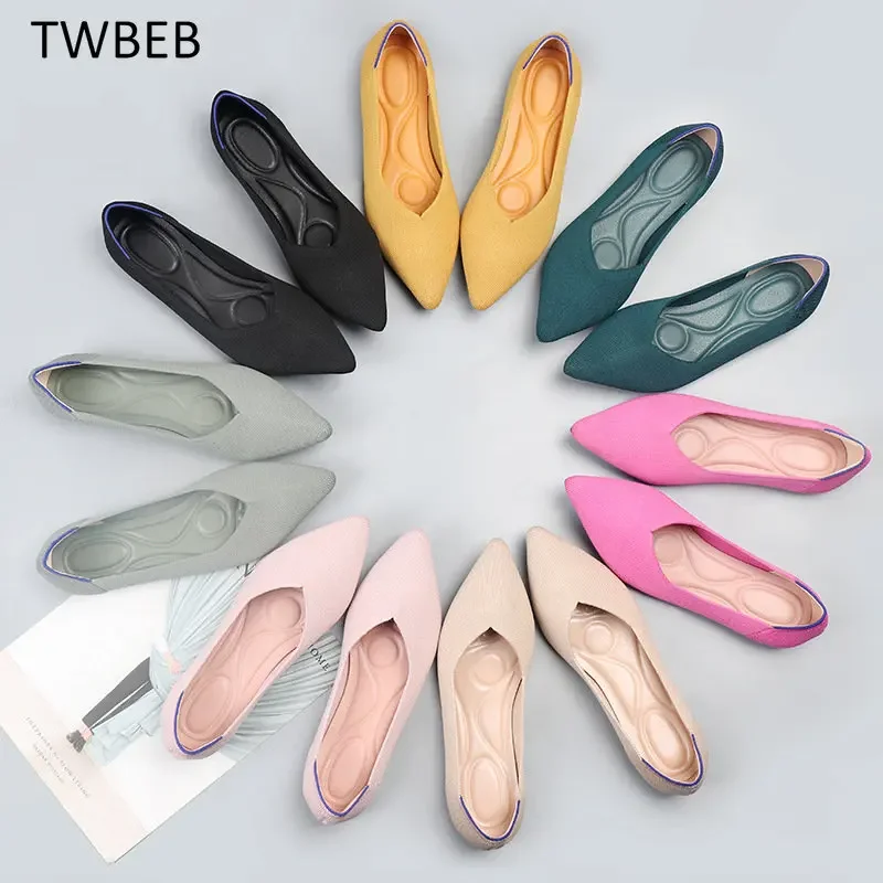 

2026 Spring Autumn New Fashion Solid Color Ballet Flats Knitted Comfortable Breathable Pointed Toe Soft Sole Flat Single Shoes